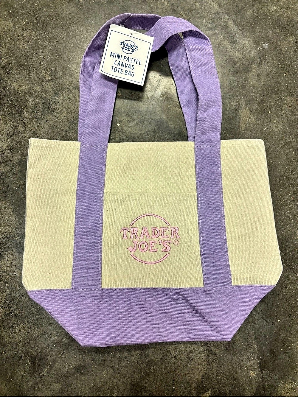 Trader Joe's Mini Pastel Canvas Tote Bag Purple & Cream NWT